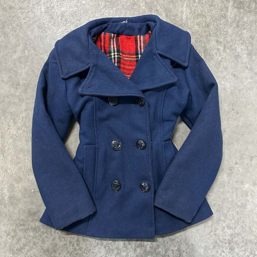 Betty Best Vintage Blue Wool Double Breasted Peacoat Red Plaid Lining